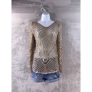 Farm Rio Crochet Shirt Womens One Size Beige Open Knit Boho Beach Coverup Top